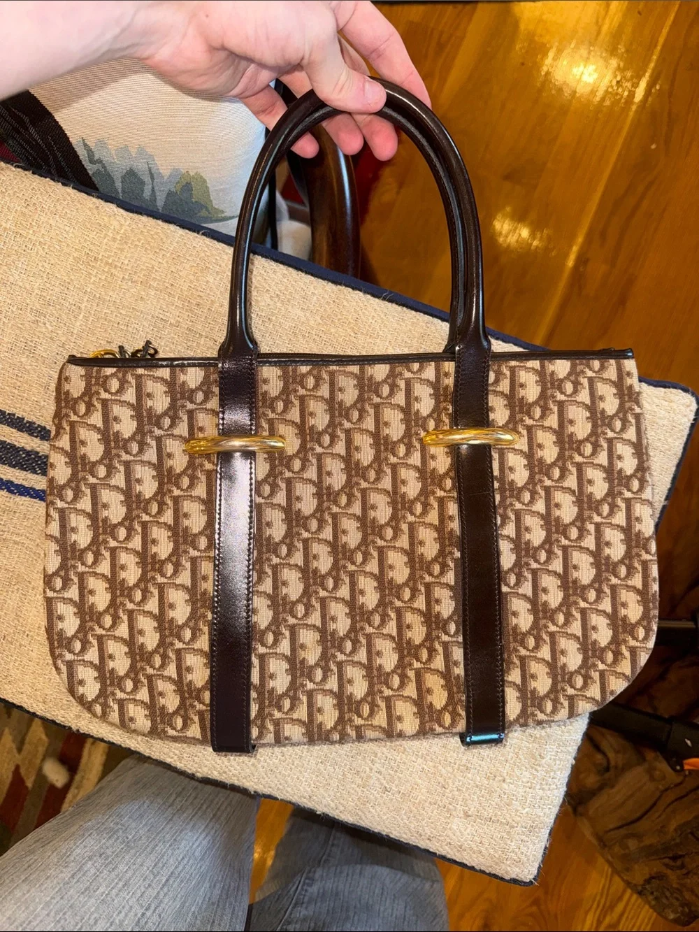 Dior Beige Brown Monogram Canvas Tote with Dark Brown Leather Trim